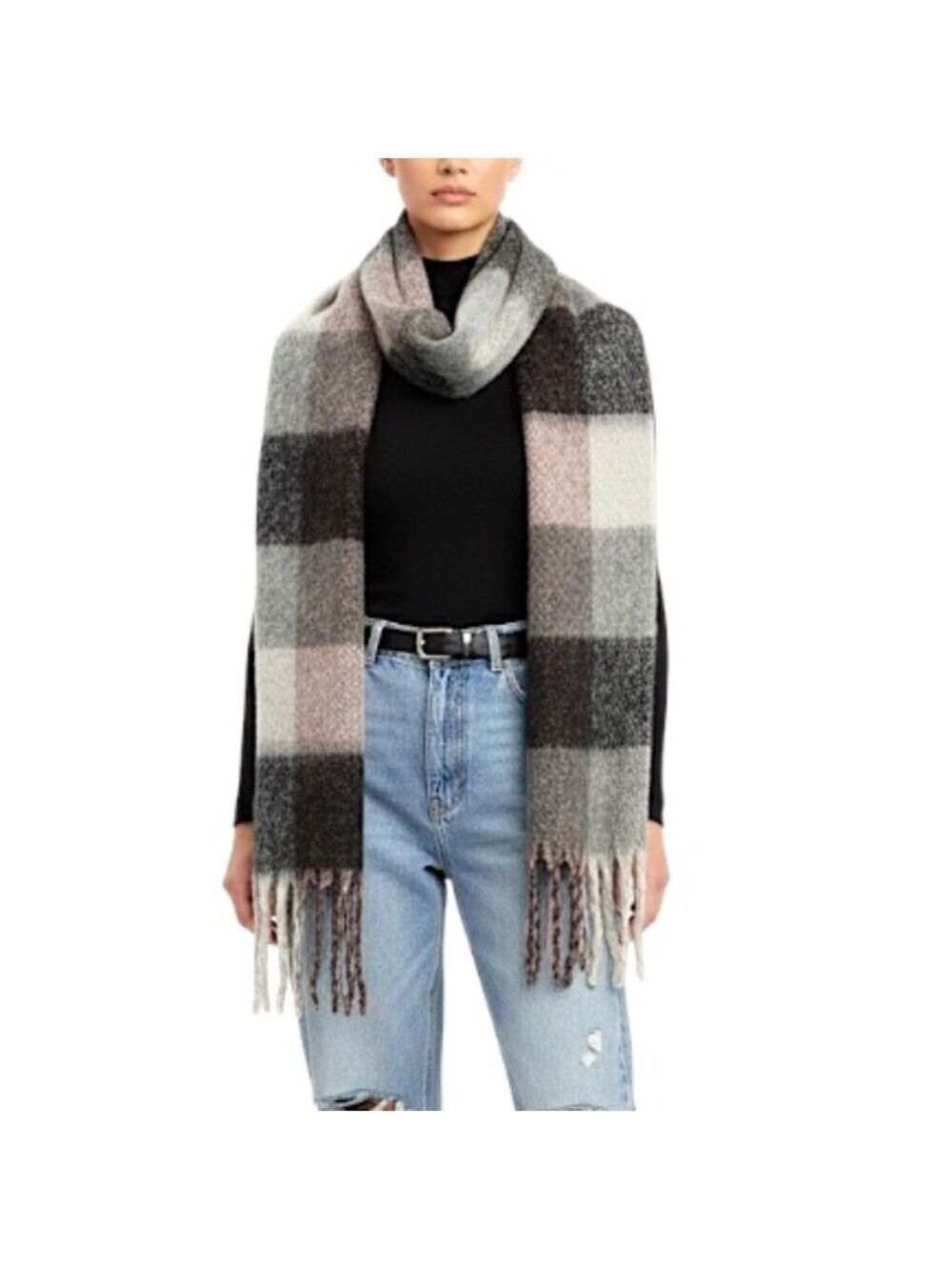 Minimalist grey pink check fuzzy oversized fringed long blanket scarf